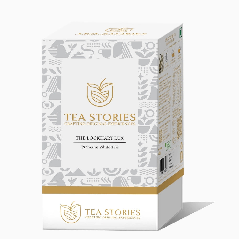 Front view of Teastories' The Lockhart Lux Premium White Tea box.