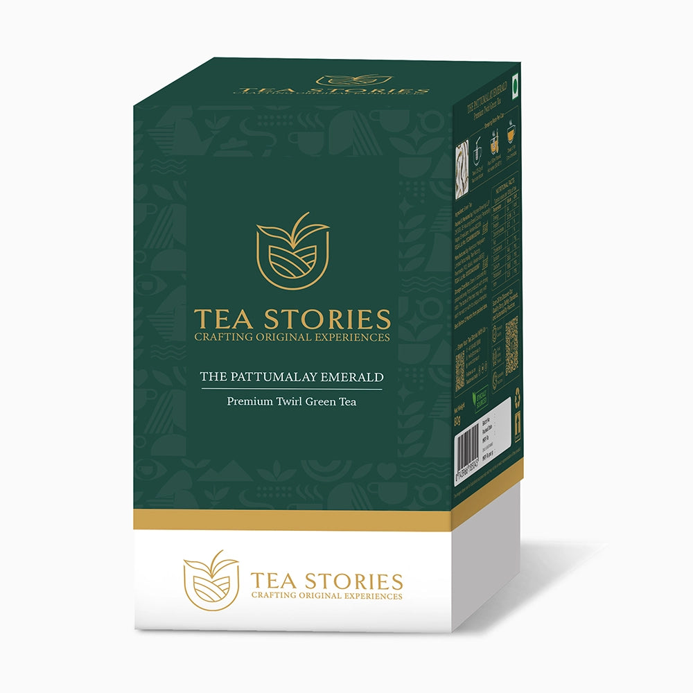 Front view of Teastories' The Pattumalay Emerald Premium Twirl Green Tea box.