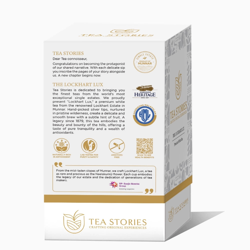 Side panel of Teastories' The Lockhart Lux white tea box, detailing origin, HML partnership, and quality assurances like antioxidant-rich and lab-tested.
