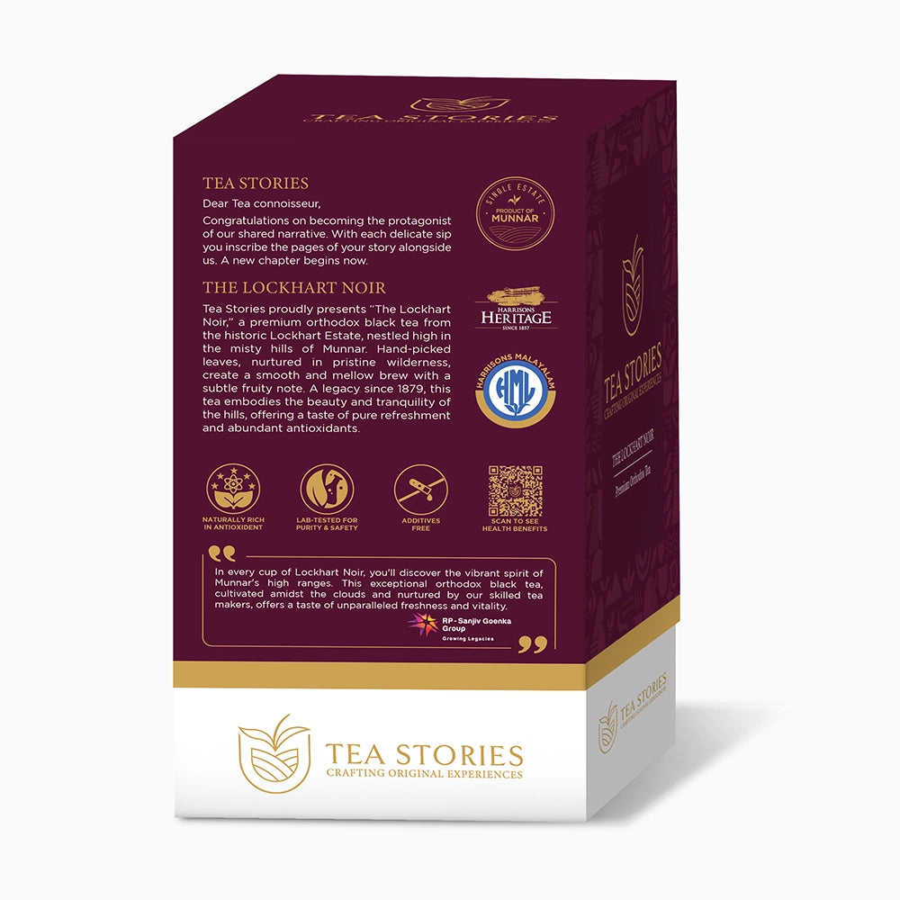 Lockhart Noir packaging back view — details of orthodox black tea.
