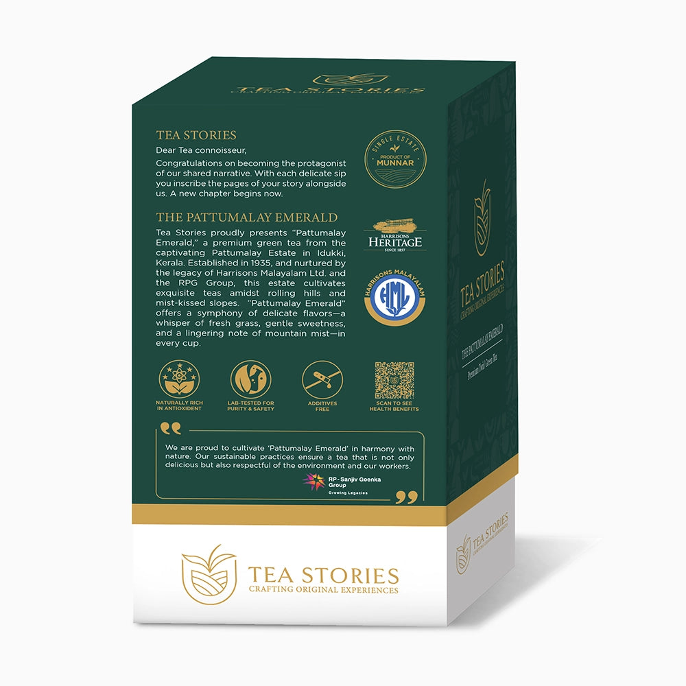 "Tea Stories" Pattumalay Emerald packaging — featuring logo and design details.