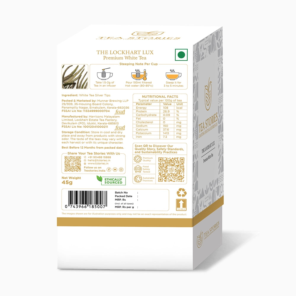Detailed information panel for Teastories' The Lockhart Lux white tea: includes ingredients, steeping notes, nutritional facts, FSSAI license, and manufacturer details.