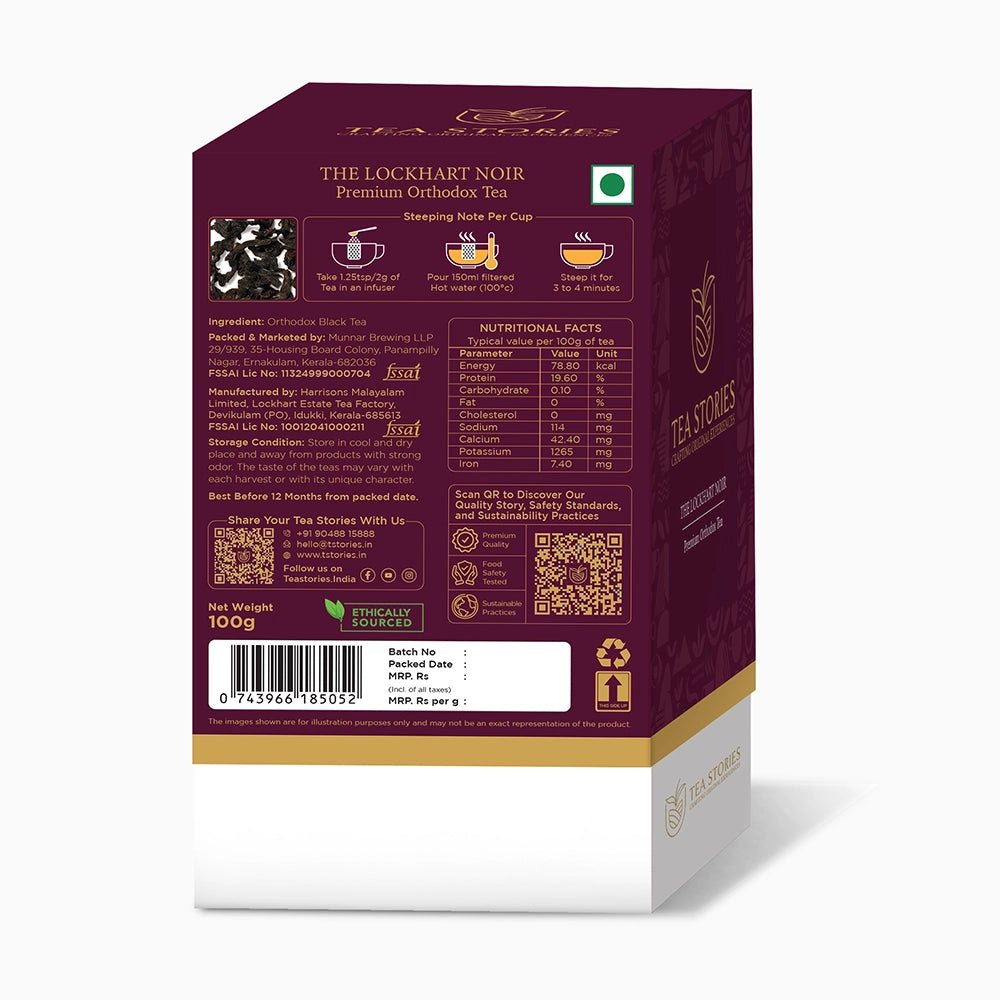 Backside of Lockhart Noir’s Black Tea No.1 — information on quantity and usage.