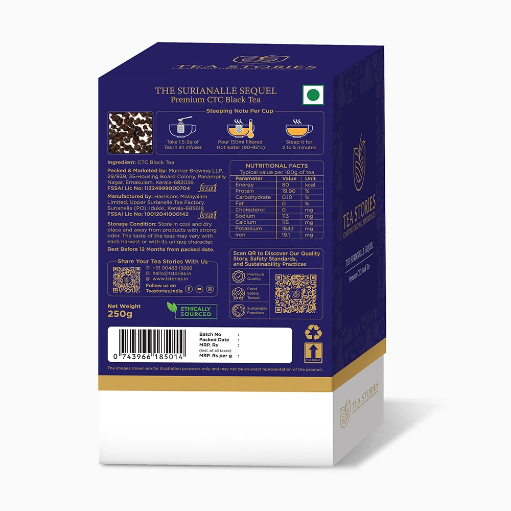 Surianalle Sequel Tea box — highlighting instructions and quality markers.