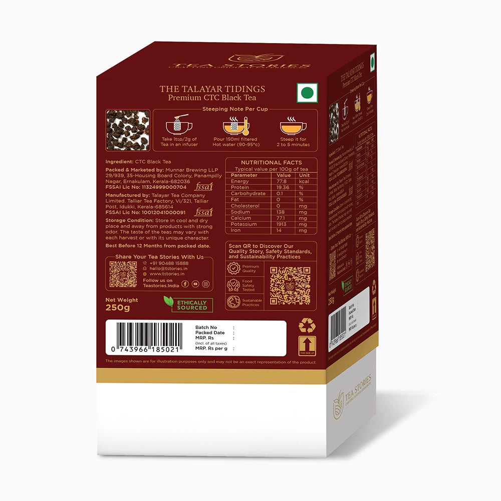 Backview packaging of Talayar Tidings Tea box — premium CTC black tea design and branding.