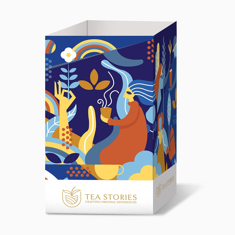 Teastories inner box art: Colorful illustration of a person enjoying tea, embodying "Crafting Original Experiences".